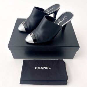 CHANEL | Black Leather Pointed High Heel Mules CC Logo Silver Scales EU 37.5